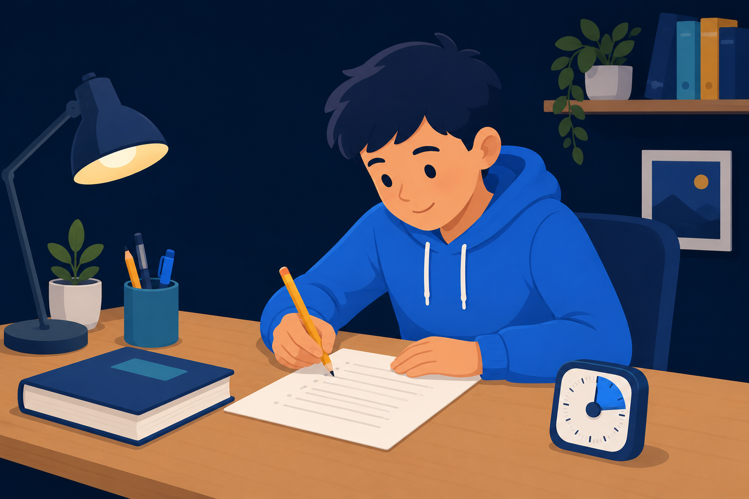 A student at a desk with a closed textbook and a blank page, writing from memory, soft warm light, modern flat illustration