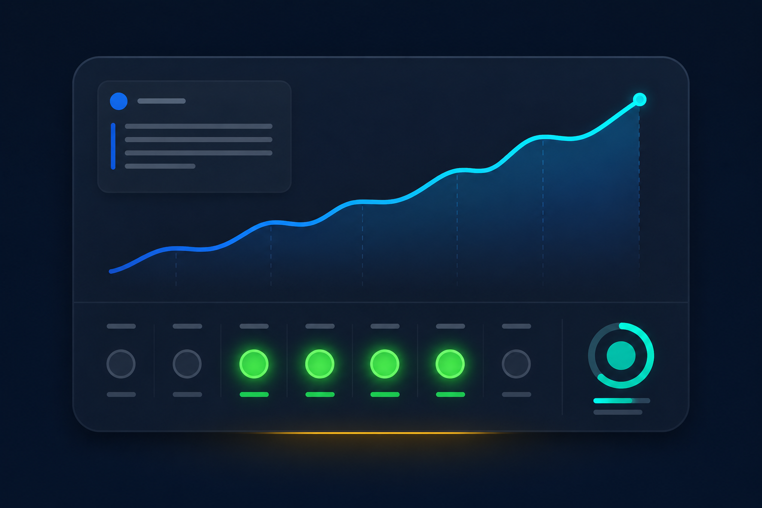 Stylised dashboard panel showing a steady upward sparkline trend, a daily engagement strip lighting up across the week, and a Smart Review summary card, in TutorBound brand colours