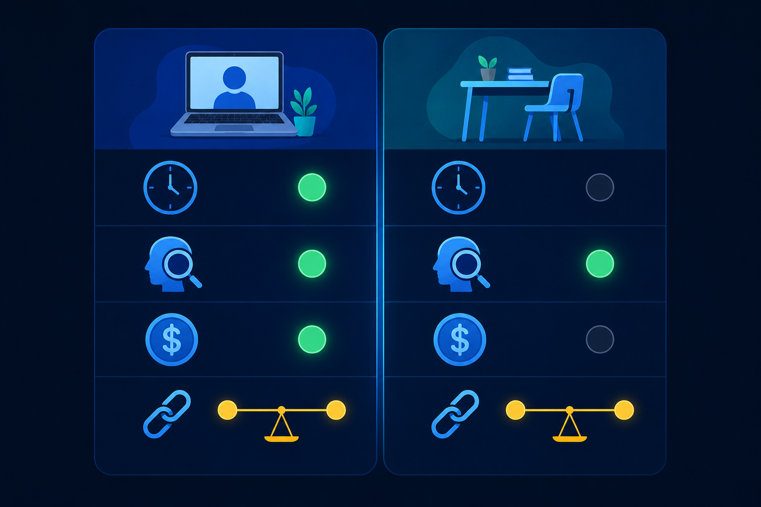 Comparison chart of online vs in-person tutoring across reliability, focus, cost, and accountability