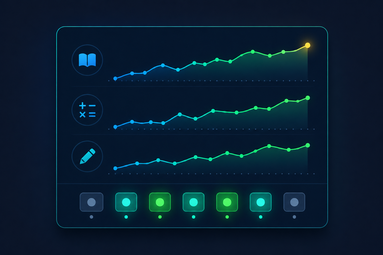 Stylised dashboard panel showing upward sparkline trends and a glowing daily engagement strip, in TutorBound brand colours