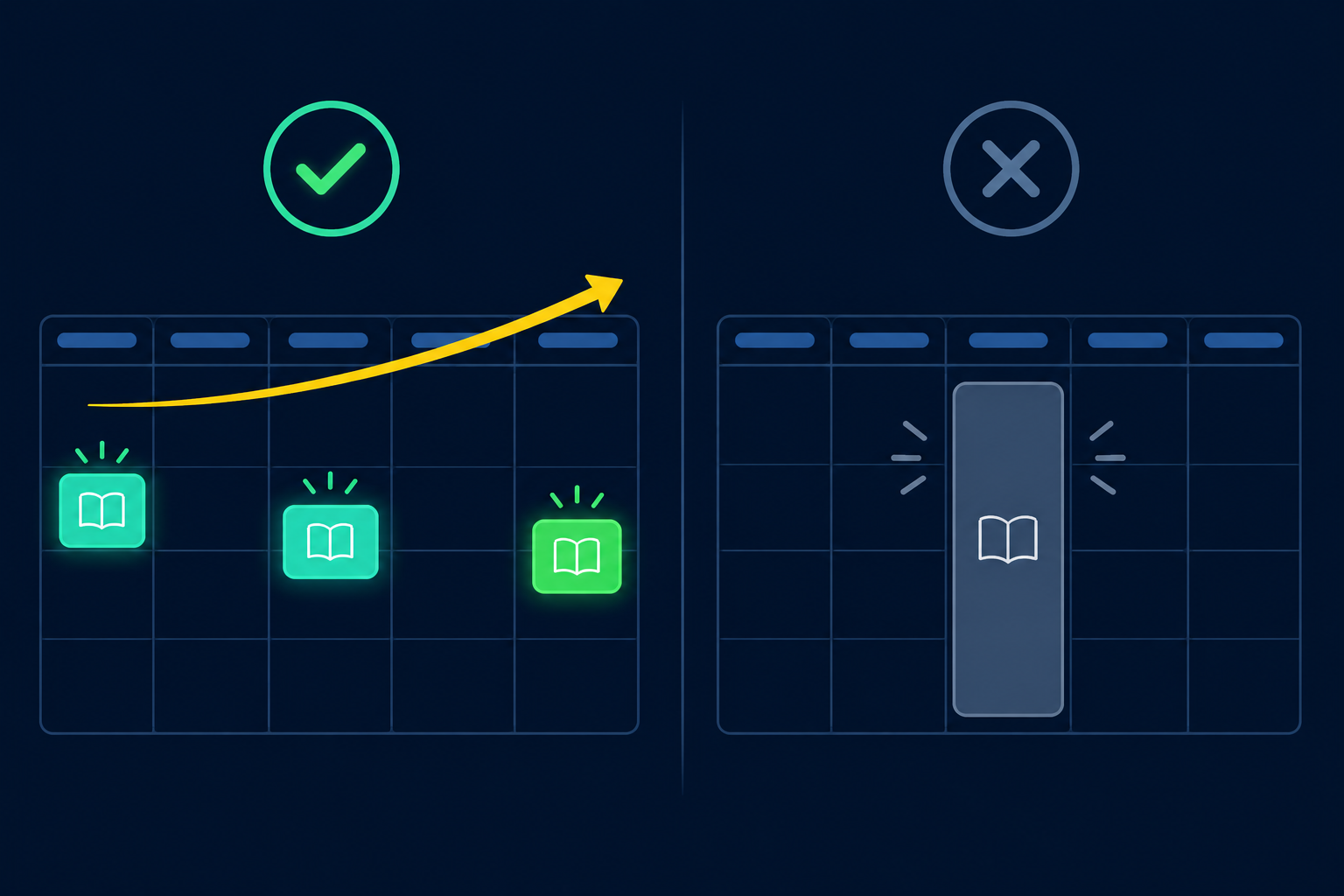 Three small bright study blocks spread across a week next to one large dim block crammed into a single day, with an upward arrow over the spaced set, flat vector illustration in teal, green and amber on a dark navy background