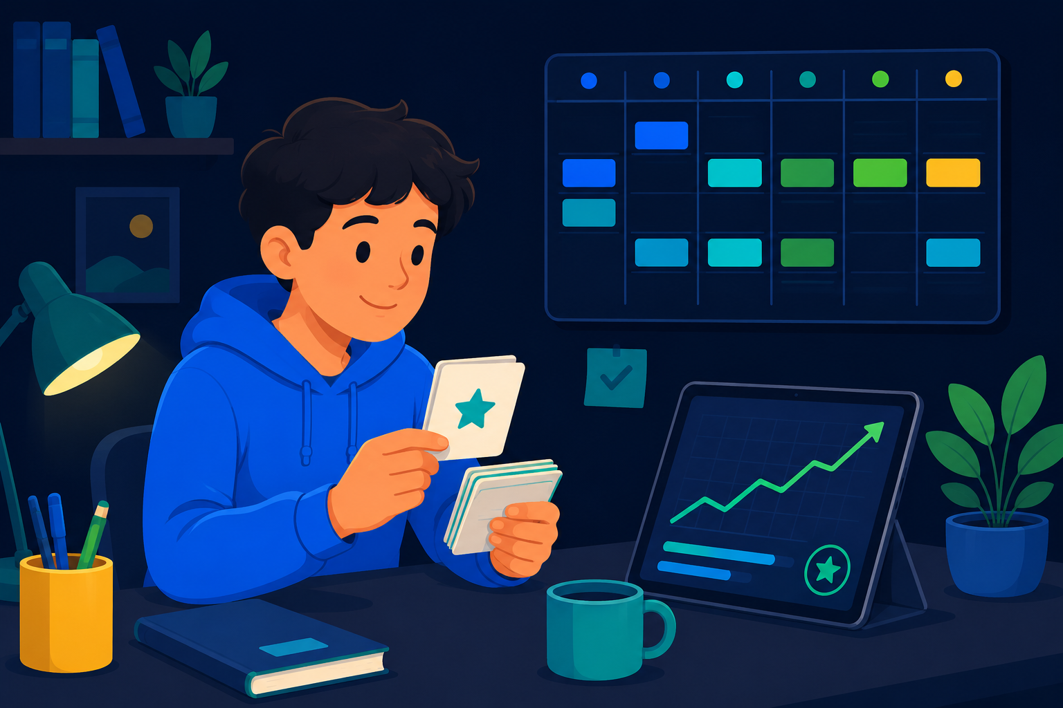 A young learner at home practicing alone with a small stack of flashcards and a rising progress line on a tablet beside a tidy weekly calendar, modern flat illustration in deep blues and teal