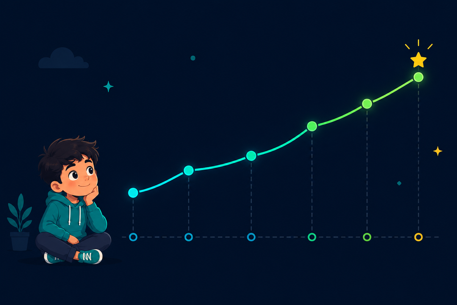A simple rising sparkline of small score dots climbing across a few weeks, with a relaxed child watching it, flat vector illustration in teal, green and amber on a dark navy background