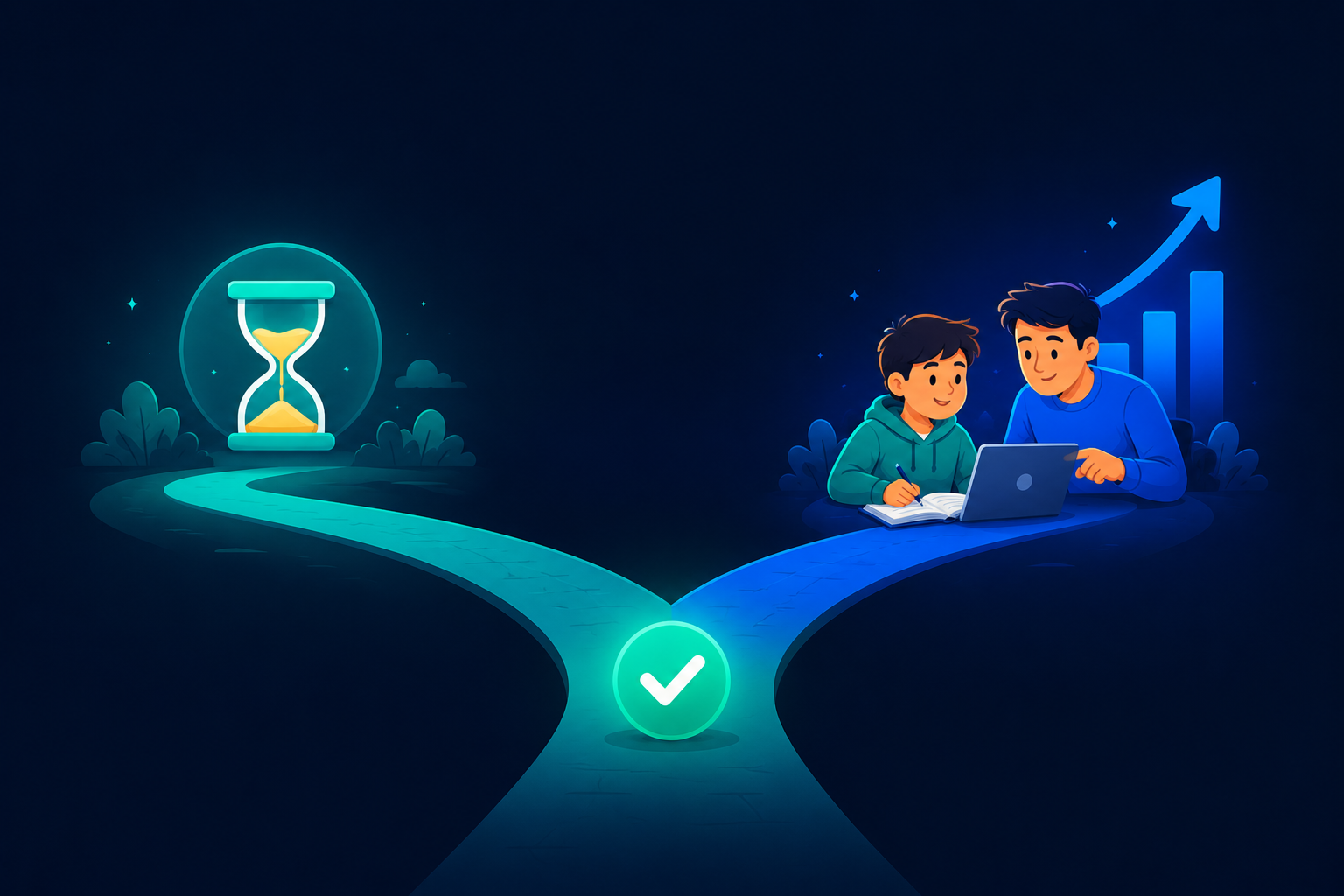 A single path forking into two branches, one leading to a calm hourglass and one to a rising progress arrow beside a tutor and student, modern flat illustration in deep blues and teal