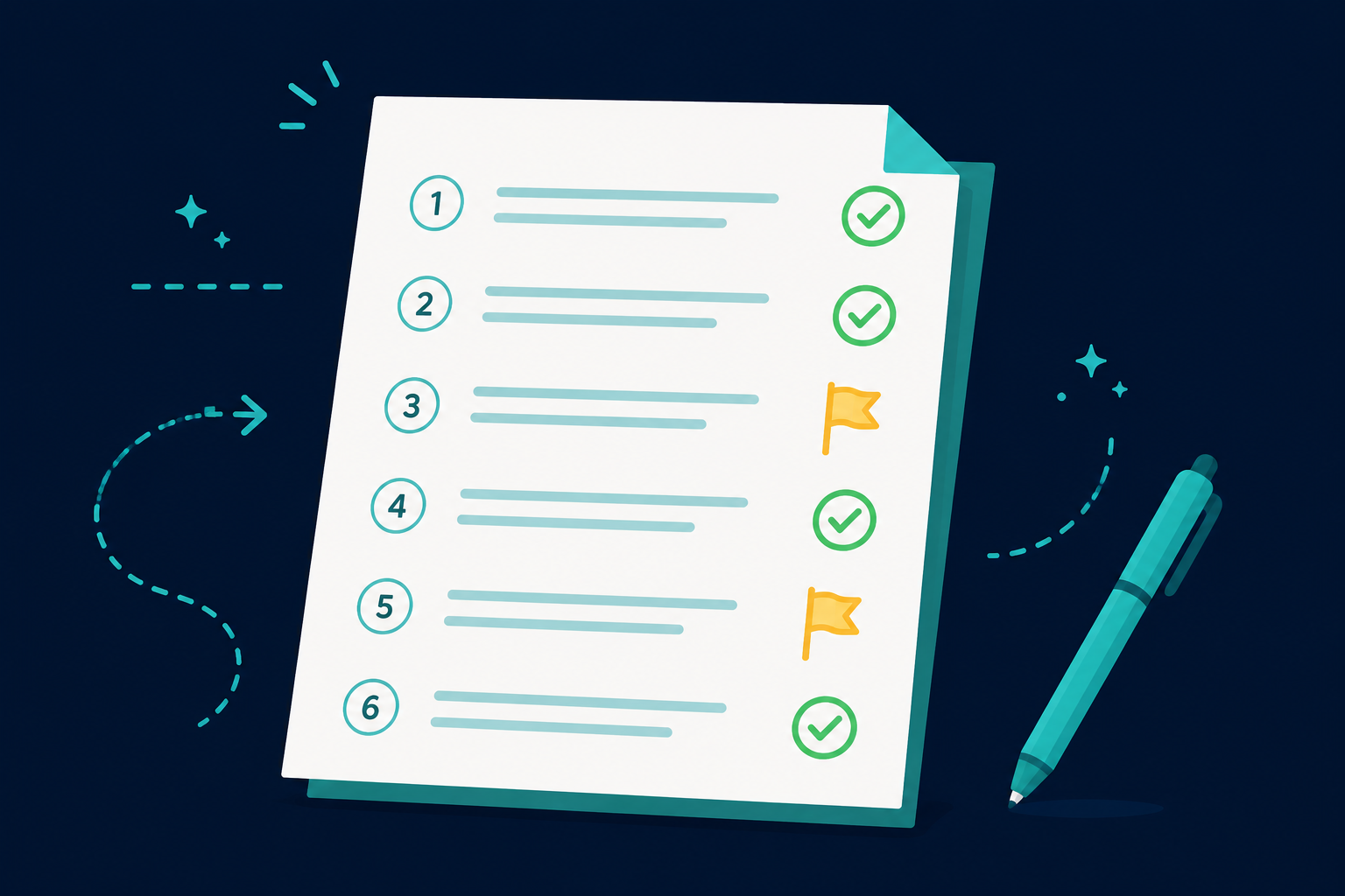 A simple exam paper with several questions ticked in green and two flagged with a small marker to return to later, flat vector illustration in teal, green and amber on a dark navy background