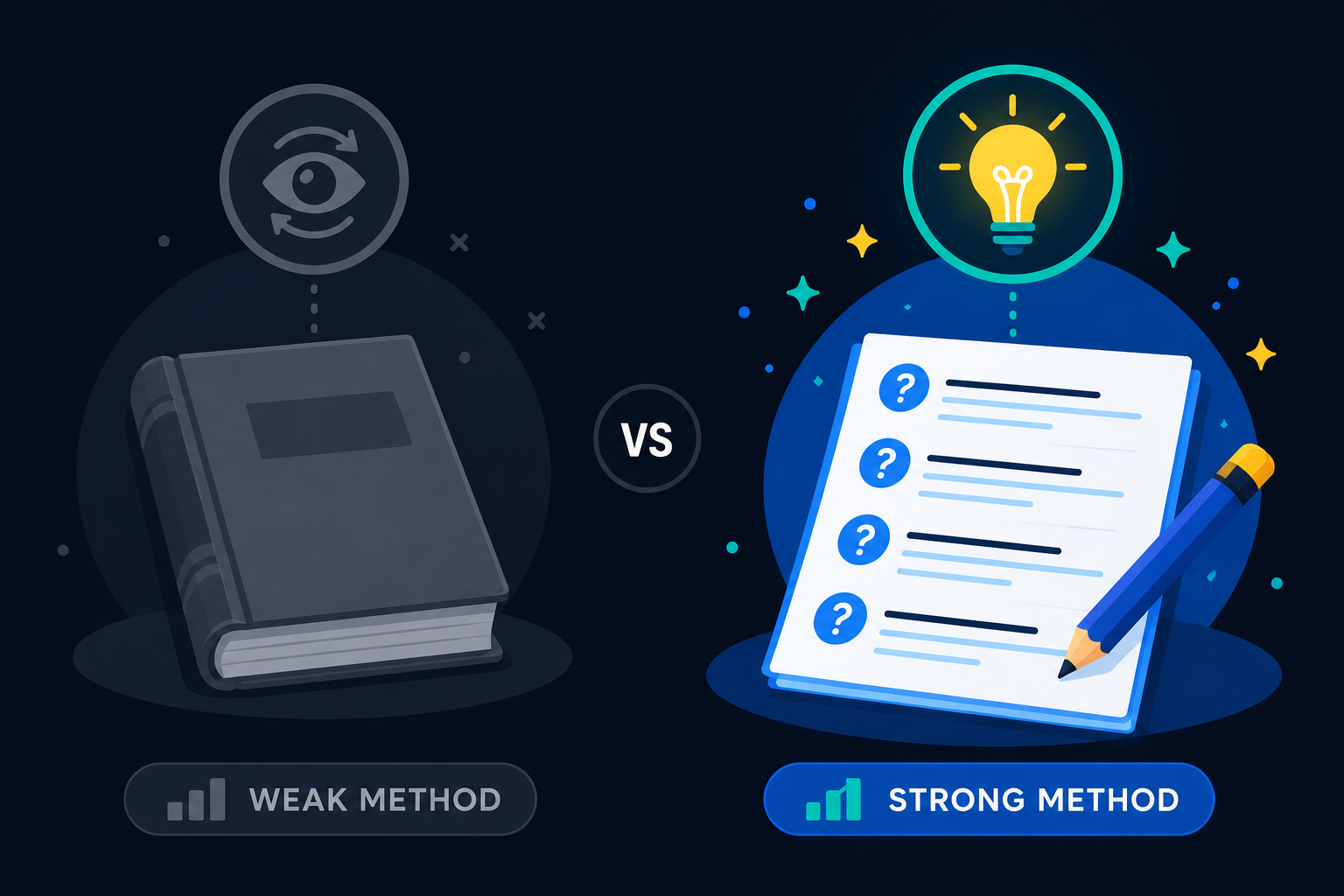A simple split illustration: on the left a faded closed book labelled with a re-read icon, on the right a bright open quiz sheet with a lightbulb, teal and amber accents, modern flat illustration